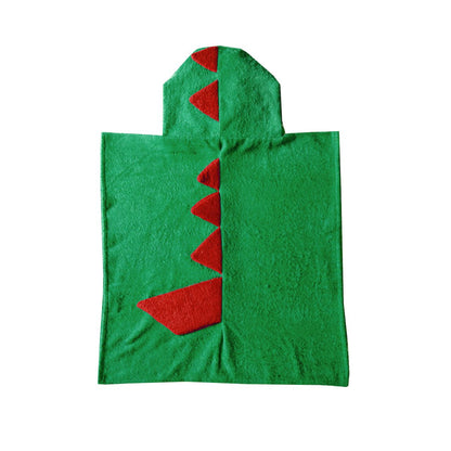 Kids Hooded Cotton Poncho Towel - Green & Red Dinosaur