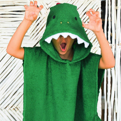 Kids Hooded Cotton Poncho Towel - Green & Red Dinosaur