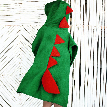 Kids Hooded Cotton Poncho Towel - Green & Red Dinosaur