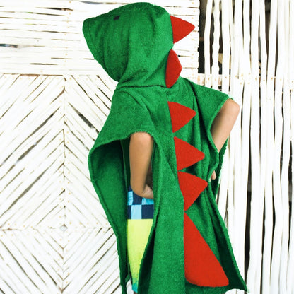 Kids Hooded Cotton Poncho Towel - Green & Red Dinosaur