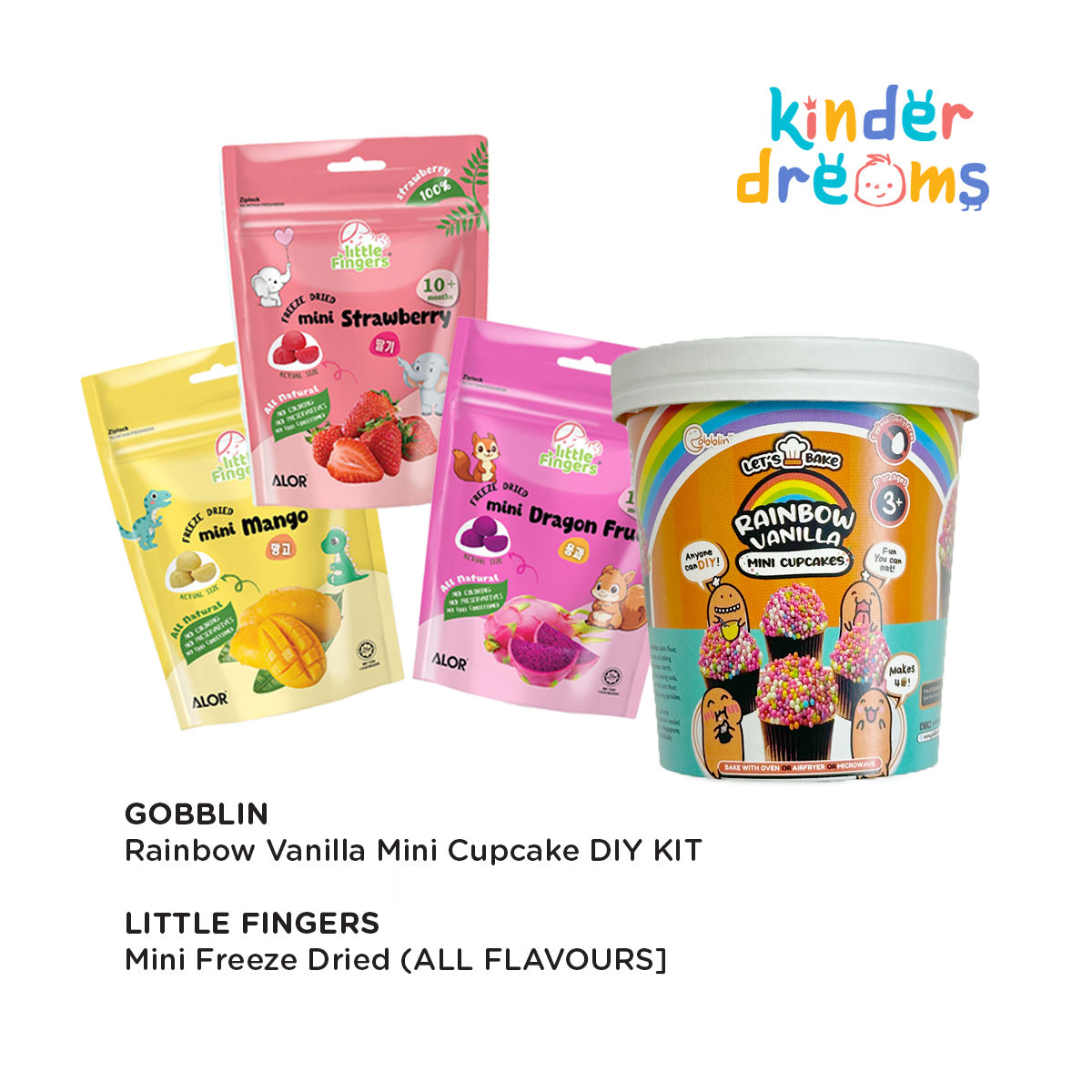 Gobblin Cup - Rainbow Vanilla Mini Cupcakes DIY Baking Kit + Alor Little Finger Freeze Dried Mini Fruits