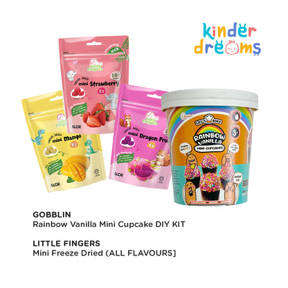 Gobblin Cup - Rainbow Vanilla Mini Cupcakes DIY Baking Kit + Alor Little Finger Freeze Dried Mini Fruits