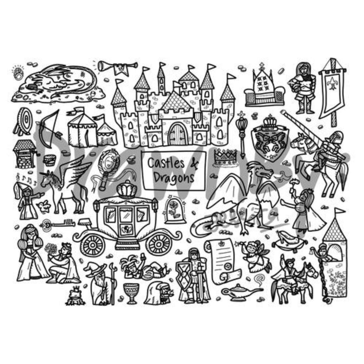 Drawnby: Castles & Dragons Washable Silicone Colouring Mat + 14pcs Markers Set